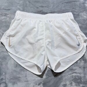 Nike Dri Fit Women Running Shorts White Silver Swoosh Athletic Gym M training